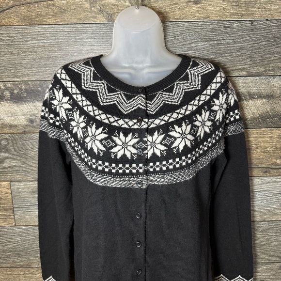 Talbots Fair Isle Cardigan Size Medium Nordic Festive Black White - Picture 2 of 6